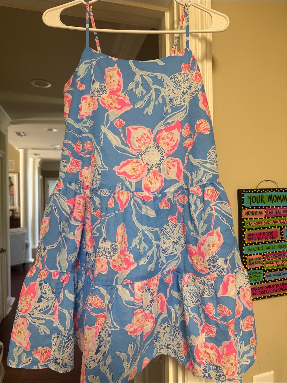 Lilly Pulitzer Blue Floral Tiered Skater Dress with Pink Accents